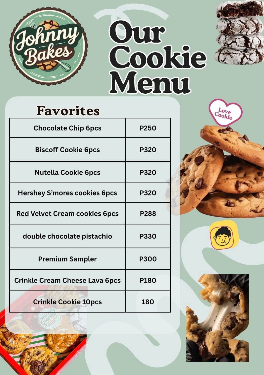 Johnny Bakes printed menu
